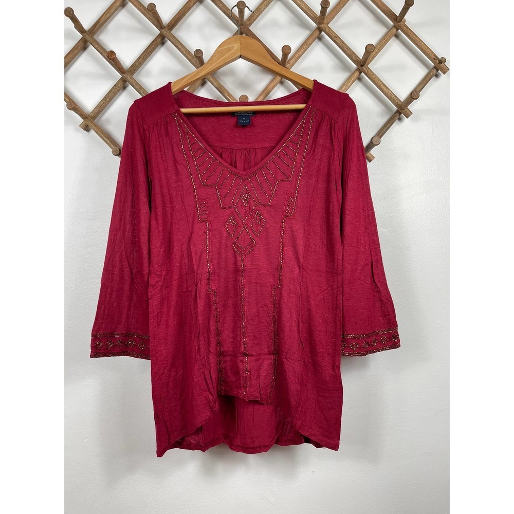 Lucky Brand Maroon Top With Gold Bead Detail Size M